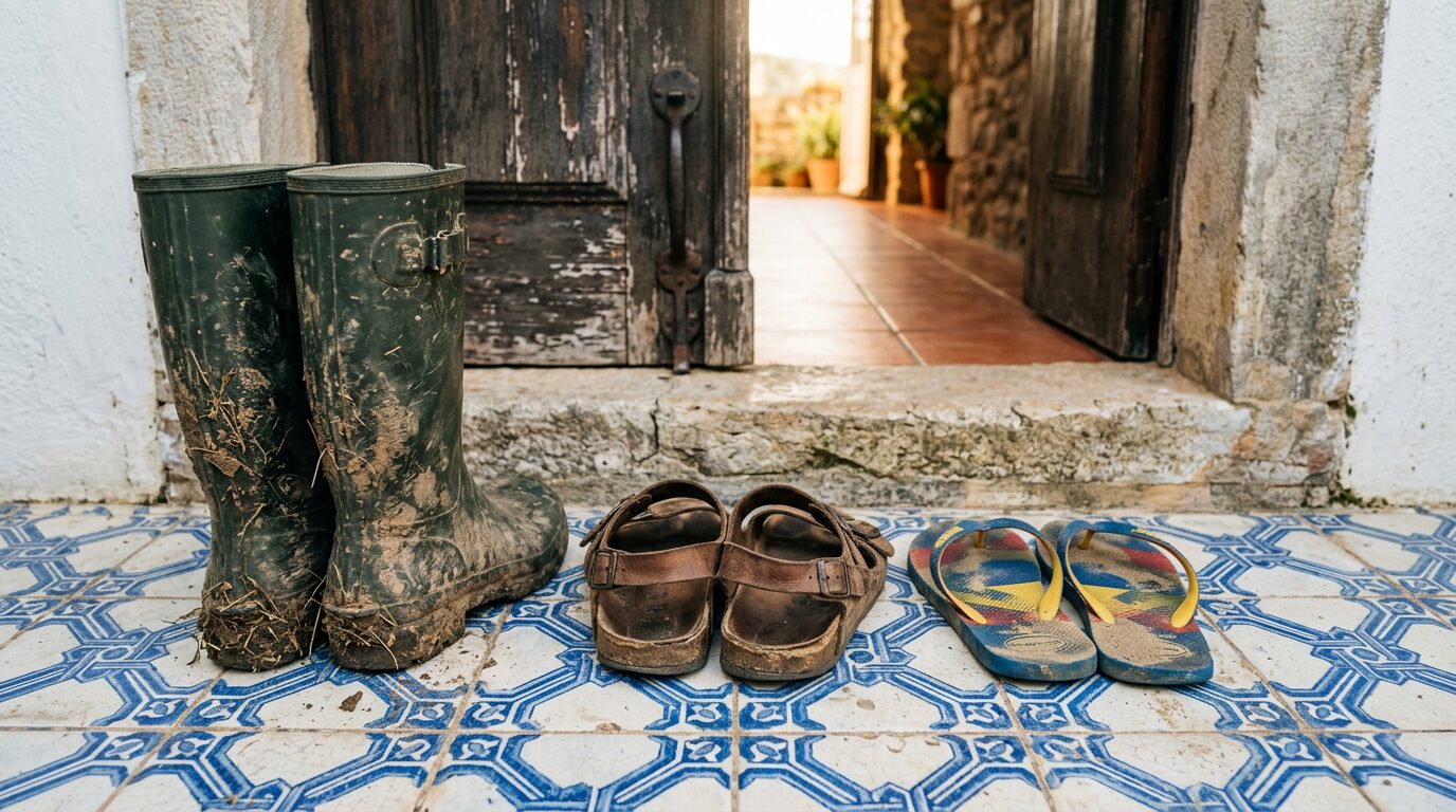 A row of shoes left at the entrance of a Portuguese home_ seen from above at a sligh